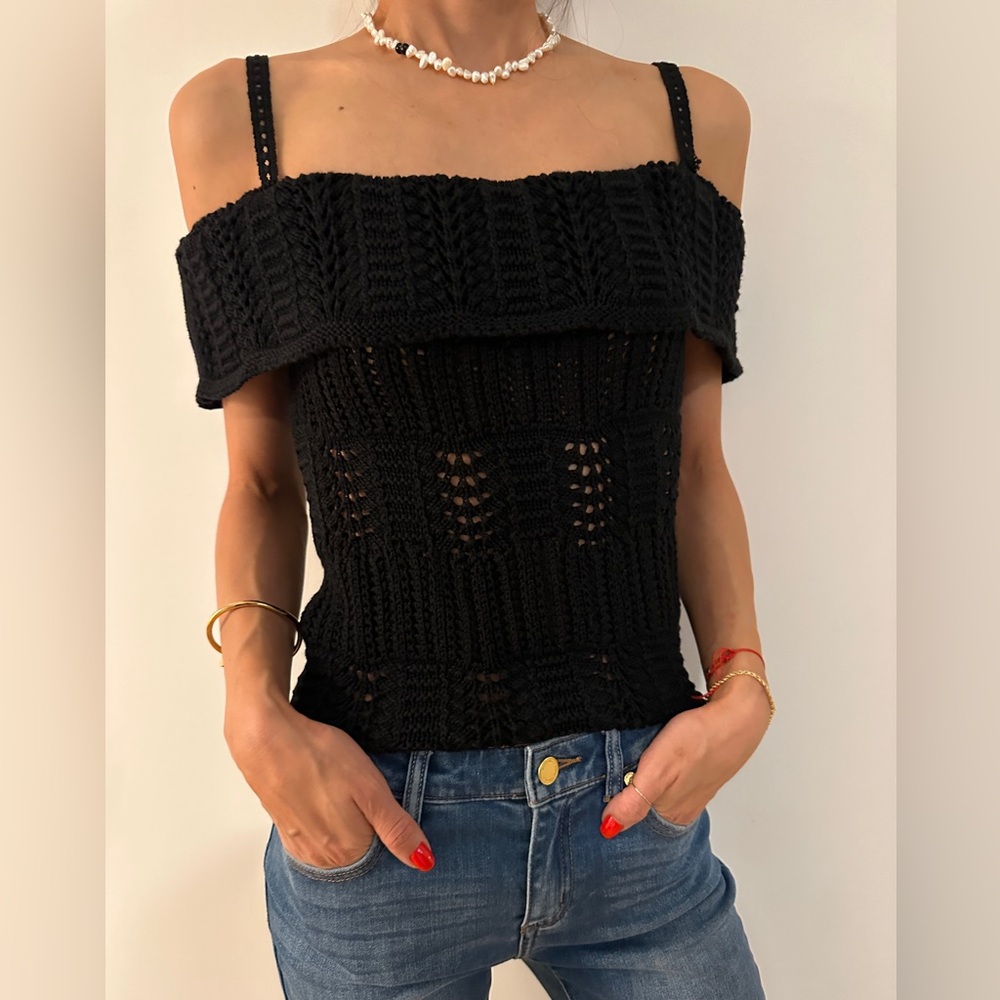 Topshop Black Crochet Knit Top
